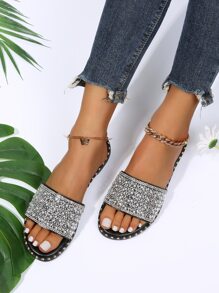 Sandalias deslizantes con decoración de rhinestones para mujeres, sandalias planas de punta abierta glamorosas para el Día de San Valentín - Plateado - Ver 3