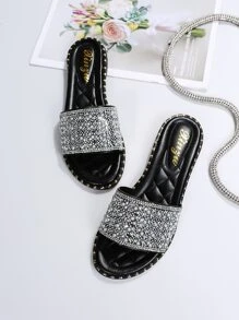 Sandalias deslizantes con decoración de rhinestones para mujeres, sandalias planas de punta abierta glamorosas para el Día de San Valentín - Plateado - Ver 4