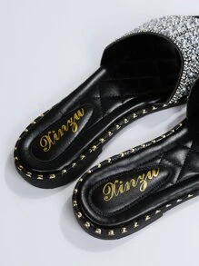 Sandalias deslizantes con decoración de rhinestones para mujeres, sandalias planas de punta abierta glamorosas para el Día de San Valentín - Plateado - Ver 6
