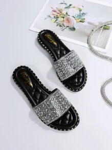 Sandalias deslizantes con decoración de rhinestones para mujeres, sandalias planas de punta abierta glamorosas para el Día de San Valentín - Plateado - Ver 7