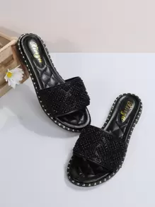 女士黑色人造珍珠裝飾涼拖,時尚露趾平底涼鞋 - 黑色 - 查看 3
