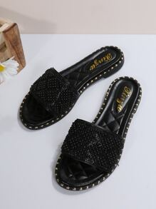 女士黑色人造珍珠裝飾涼拖,時尚露趾平底涼鞋 - 黑色 - 查看 4