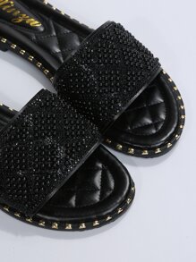 女士黑色人造珍珠裝飾涼拖,時尚露趾平底涼鞋 - 黑色 - 查看 7