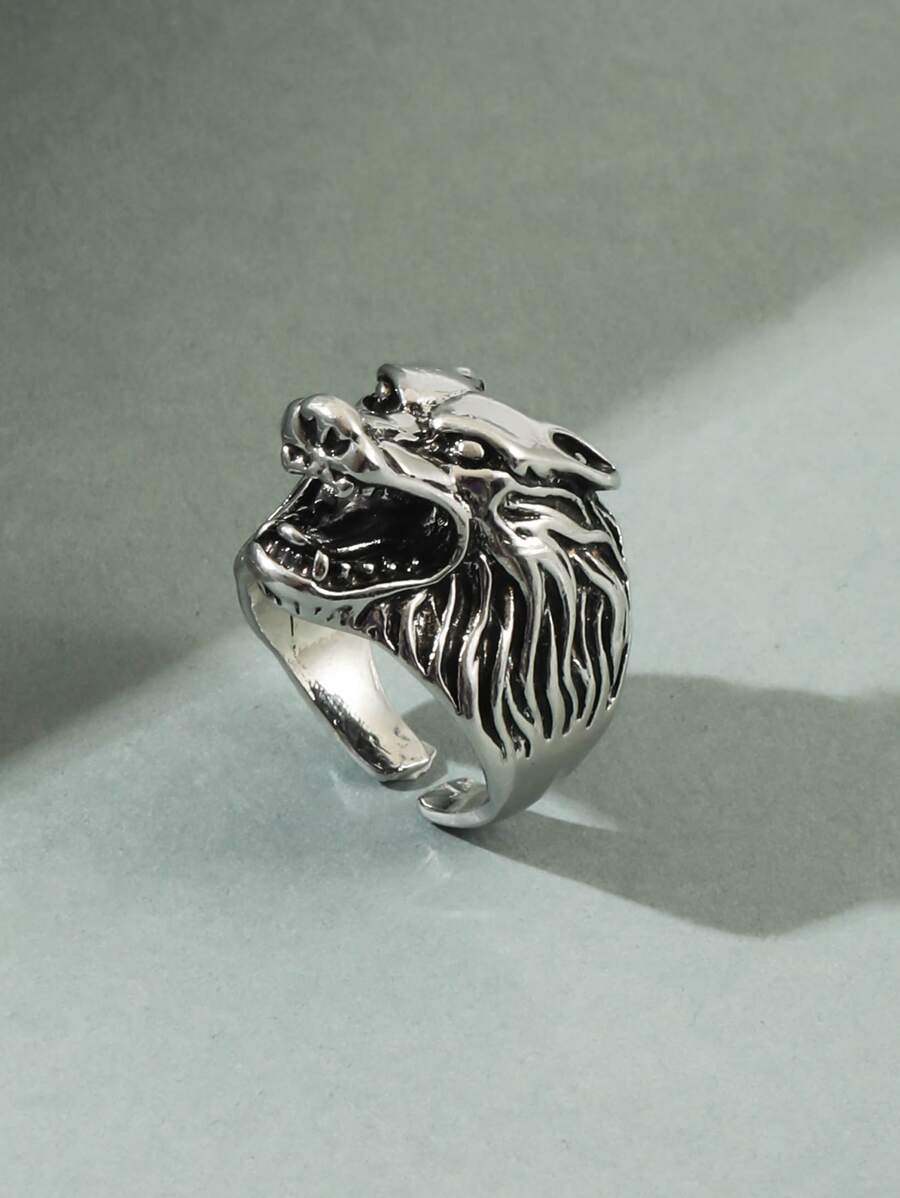 時尚流行男士狼裝飾袖口環合金，適合度假和時尚外觀 - 銀色 - 查看 1