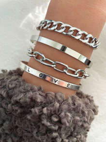 2pcs Link Bracelet & 2pcs Cuff Bracelet - Antique Silver - View 1