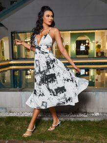 SHEIN SXY 圖案後背繫帶高衩吊帶連衣裙 - 彩色 - 查看 1