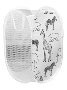 卡通动物印花洗衣篮，浴室多功能网状洗衣篮 - 白色 - 查看 2