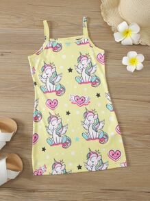 Toddler Girls Unicorn And Heart Print Cami Dress - Yellow - View 1