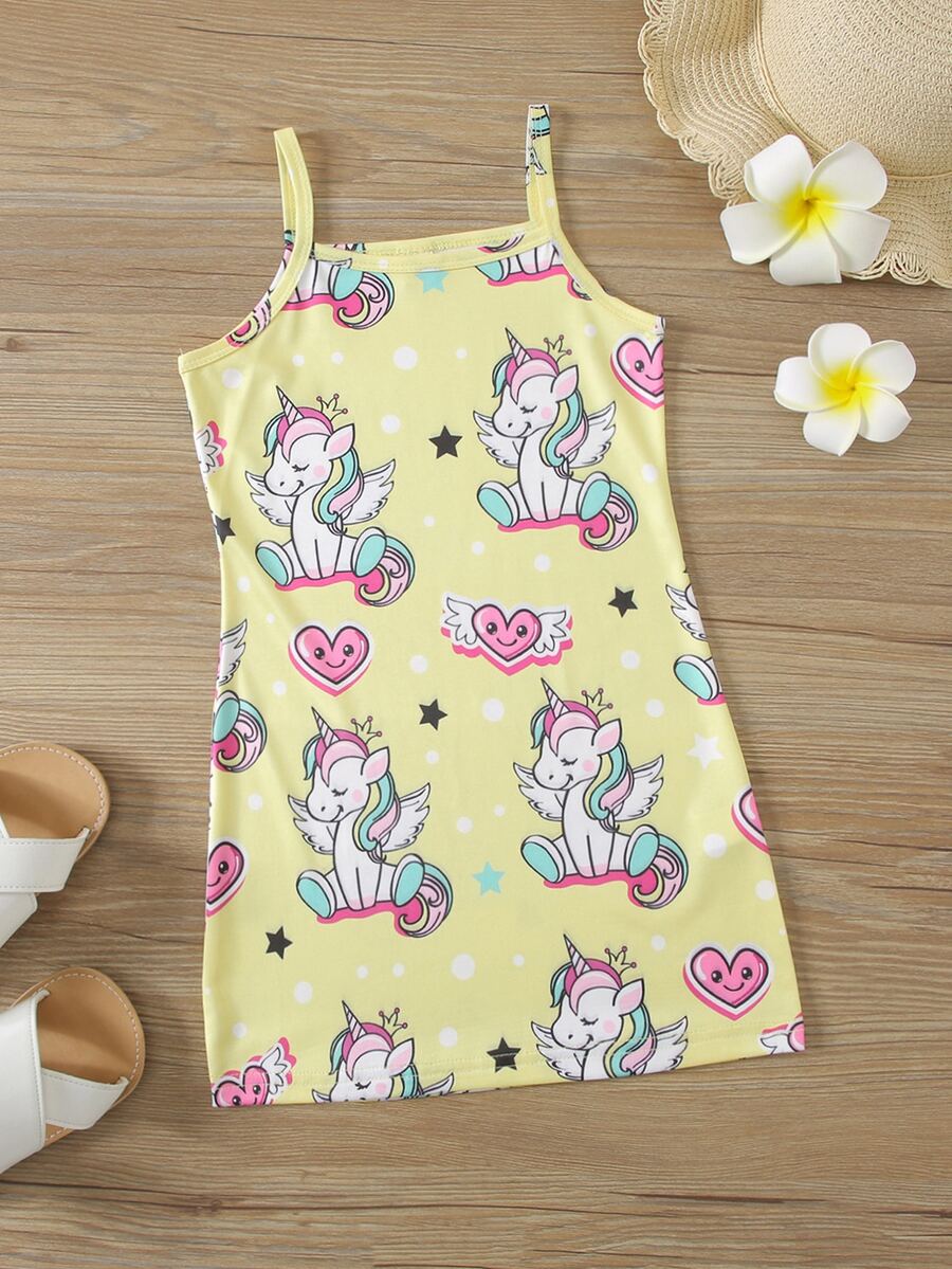 Toddler Girls Unicorn And Heart Print Cami Dress - Yellow - View 1