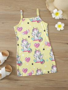 Toddler Girls Unicorn And Heart Print Cami Dress - Yellow - View 2