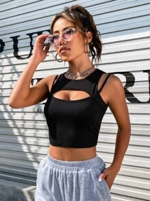 SHEIN Unity Top tank tejido de canalé con abertura - Negro - Ver 5