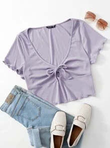 SHEIN Qutie Áo thun Plus size Cắt ra Thắt nút Xù nhỏ Gân đan màu trơn Giải trí - Màu Lilac Tím - Xem 1