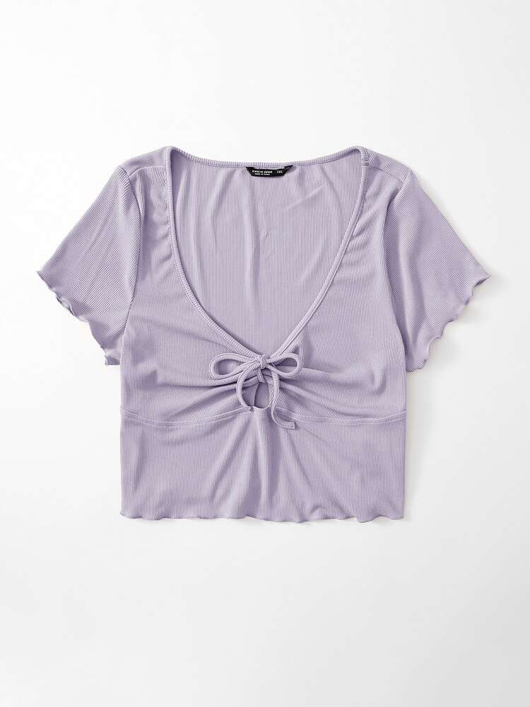 SHEIN Qutie Áo thun Plus size Cắt ra Thắt nút Xù nhỏ Gân đan màu trơn Giải trí - Màu Lilac Tím - Xem 5