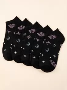 5pairs Planet Pattern Ankle Socks - Black - View 1