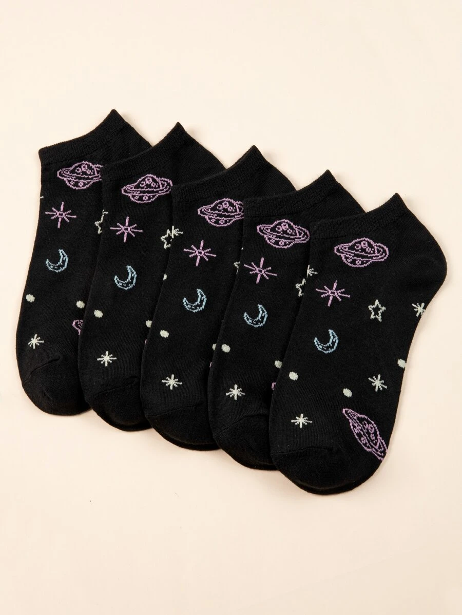 5pairs Planet Pattern Ankle Socks - Black - View 1