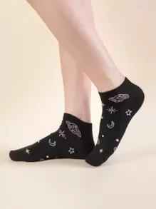 5pairs Planet Pattern Ankle Socks - Black - View 2