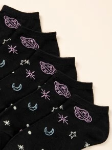 5pairs Planet Pattern Ankle Socks - Black - View 3