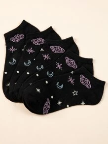 5pairs Planet Pattern Ankle Socks - Black - View 4