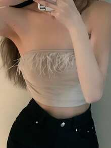 Solid Fringe Trim Crop Bandeau - Apricot - View 3