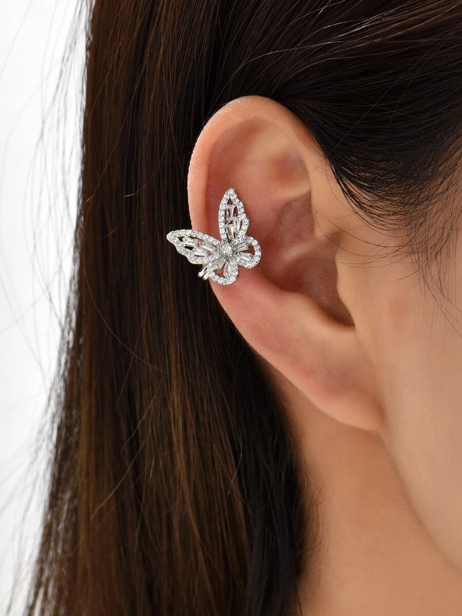 1入組水鑽蝴蝶裝飾耳夾銅首飾類 - 銀色 - 查看 1