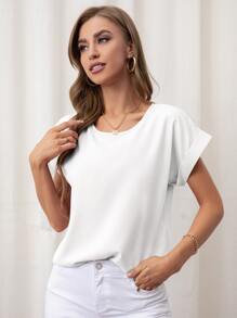 SHEIN LUNE Rolled Cuff Batwing Sleeve Blouse - White - View 5