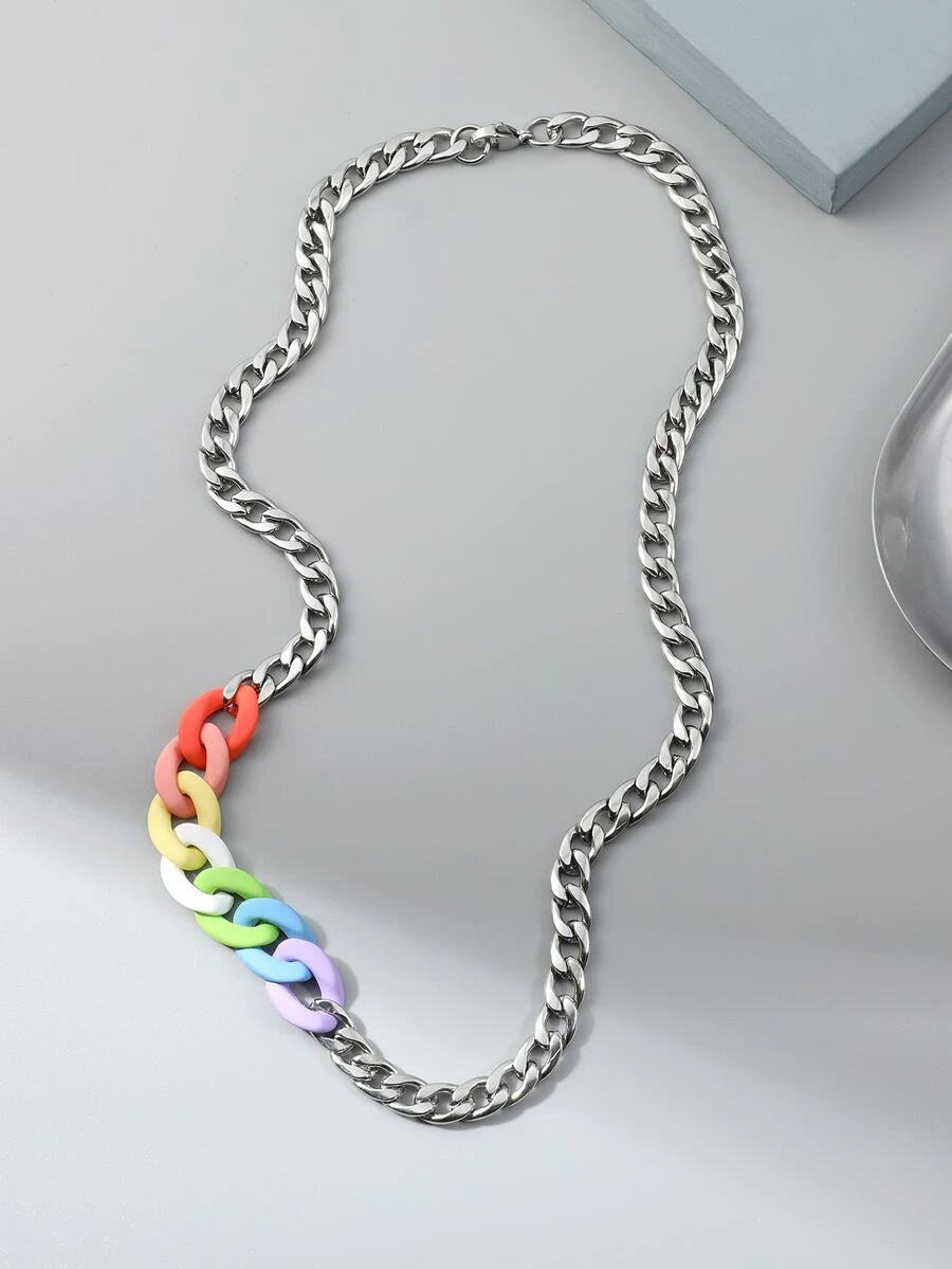 Men Rainbow Detail Chain Necklace - Multicolor - View 1