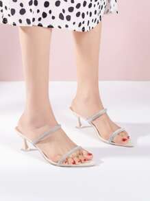 Glamorous Mule Sandals For Women, Rhinestone Decor Pyramid Heeled Sandals - Beige - View 5