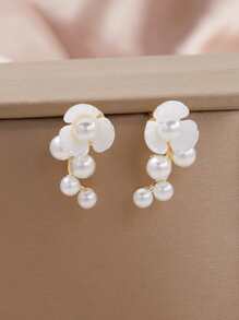 假珍珠和花裝飾耳釘 - 金黃色 - 查看 2