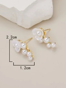 假珍珠和花裝飾耳釘 - 金黃色 - 查看 3