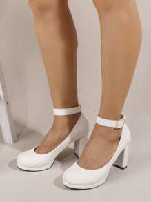Chunky Heeled Ankle Strap Pumps - White - View 2