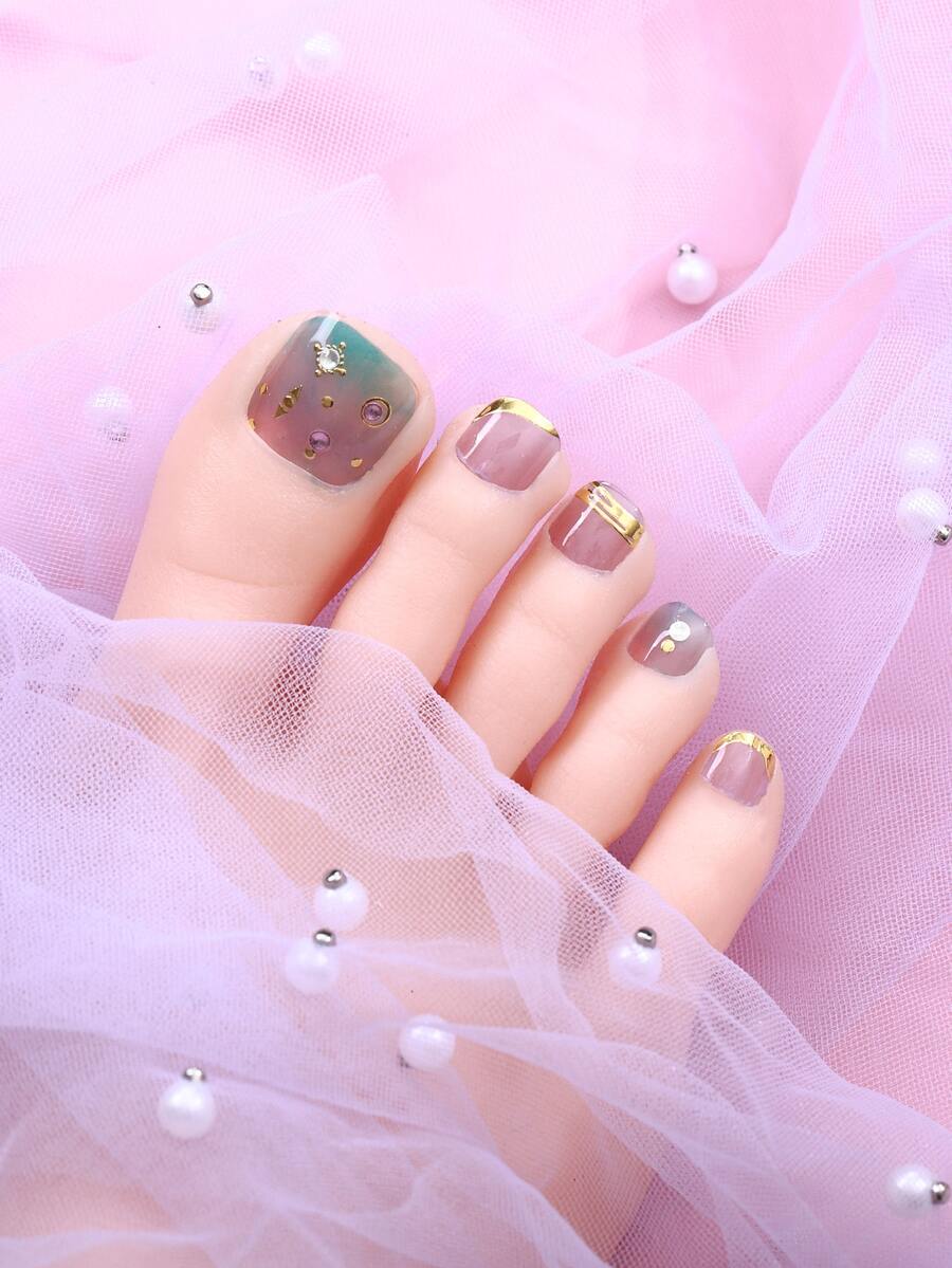 1sheet Rhinestone Decor Toenail Sticker & 1pc Nail File - Multicolor - View 1