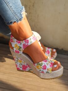 Floral Pattern Wedge Sandals - Multicolor - View 4