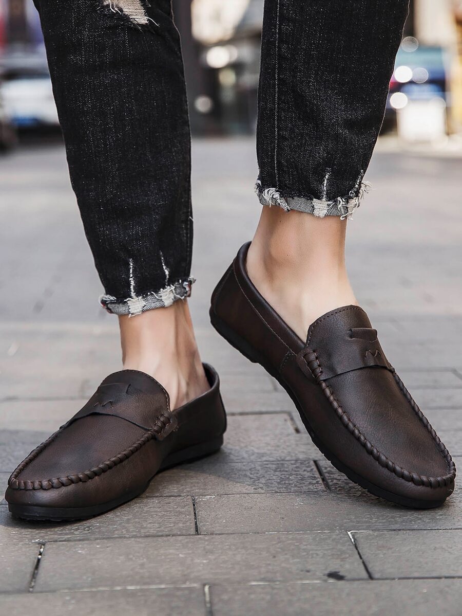 Men Minimalist Stitch Detail Loafers - Brown - View 1