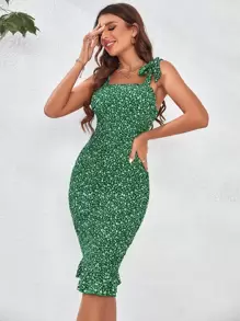 SHEIN Privé Knot Strap Ruffle Hem Shirred Ditsy Floral Cami Dress - Multicolor - View 1