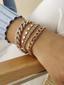 4pcs Rhinestone Decor Chain Bracelet - Yellow Gold - View 1