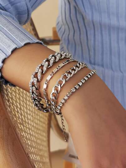 4pcs Rhinestone Decor Chain Bracelet