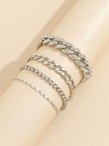 4入組水鑽裝飾鏈條手鐲 - 銀色 - 查看 2