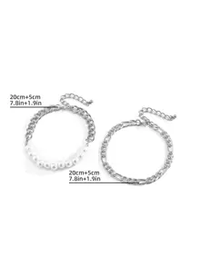 Fashionable And Popular 2pcs Men Faux Pearl Decor Bracelet For Jewelry Gift And For A Stylish Look - Silver - View 3