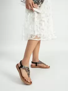 Rhinestone Decor Thong Sandals - Black - View 1