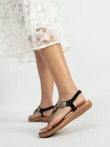 Rhinestone Decor Thong Sandals - Black - View 5