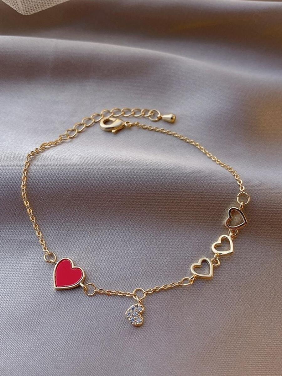 1pc Simple & Fashionable Luxury Hollow Out Rhinestone Studded Heart Shape Bracelet In Red, Suitable For Women's Daily Wear Valentines,Mom,Mother,Mother's Day,Gift - Yellow Gold - View 1