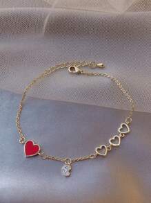 1pc Simple & Fashionable Luxury Hollow Out Rhinestone Studded Heart Shape Bracelet In Red, Suitable For Women's Daily Wear Valentines,Mom,Mother,Mother's Day,Gift - Yellow Gold - View 2