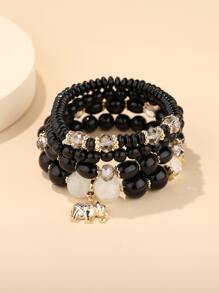 4pcs Elephant Charm Beaded Bracelet 5pcs Tree & Tassel Bracelet - Black - View 1