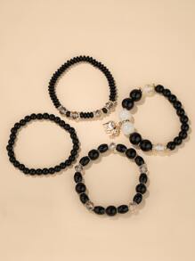 4pcs Elephant Charm Beaded Bracelet 5pcs Tree & Tassel Bracelet - Black - View 2