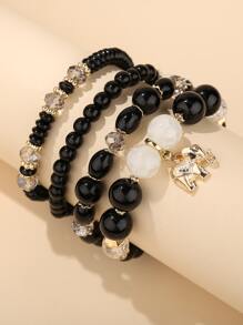 4pcs Elephant Charm Beaded Bracelet 5pcs Tree & Tassel Bracelet - Black - View 4