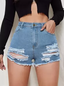 SHEIN ICON High Waisted Ripped Denim Shorts - Light Wash - View 5