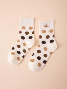 波點圖案熊刺繡中筒襪 - 彩色 - 查看 1