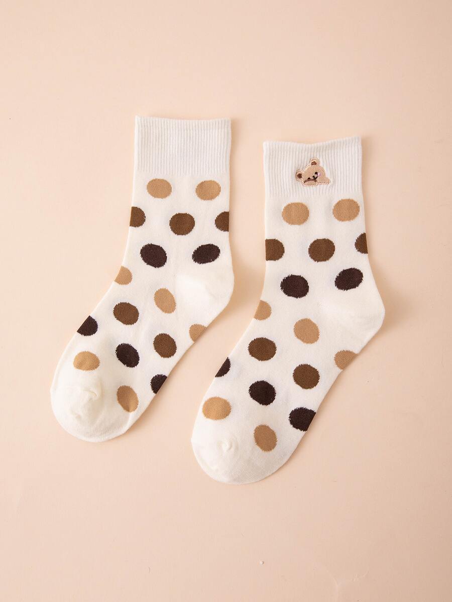 波點圖案熊刺繡中筒襪 - 彩色 - 查看 1
