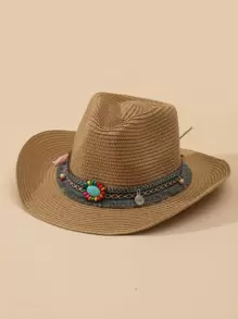 流蘇和珠子裝飾草編帽 - 卡其色 - 查看 1