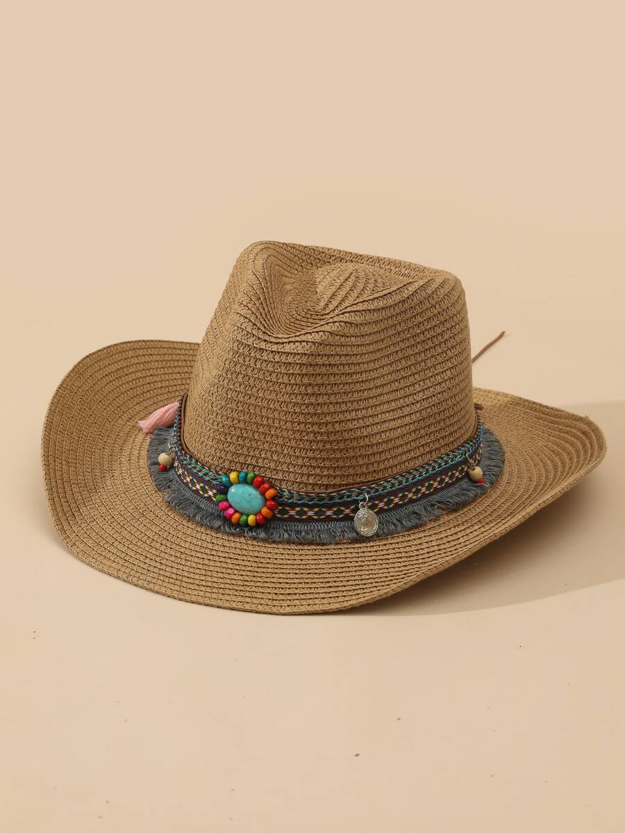 流蘇和珠子裝飾草編帽 - 卡其色 - 查看 1